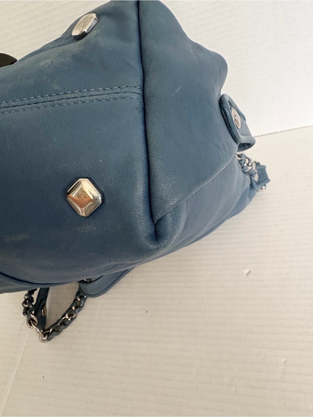 MCM Navy Blue Leather Shoulder Bag with Chain Straps - Picture 9 of 16